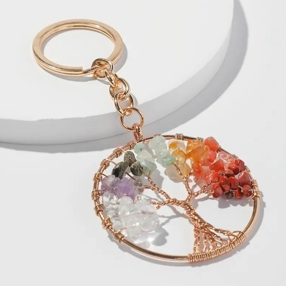 NEW Tree of life natural stone gold keychain - Picture 1 of 3